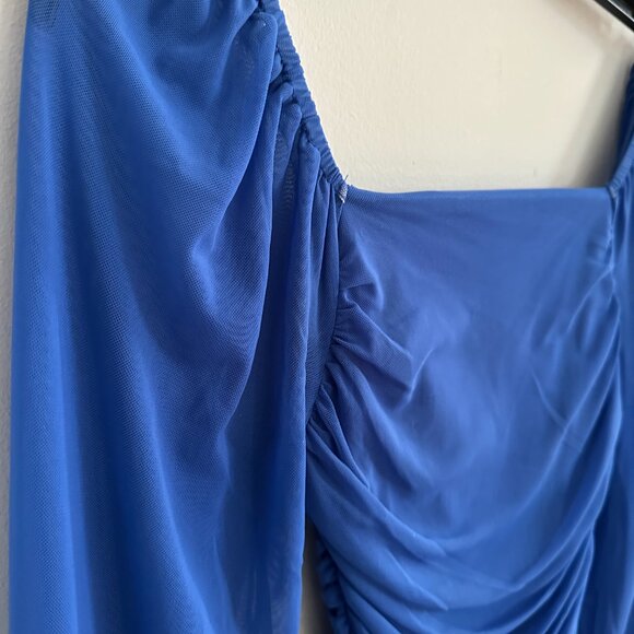 Blue Mesh Long Sleeve Square Neck Ruched Bodycon Mini Dress, Size XS - Picture 3 of 8